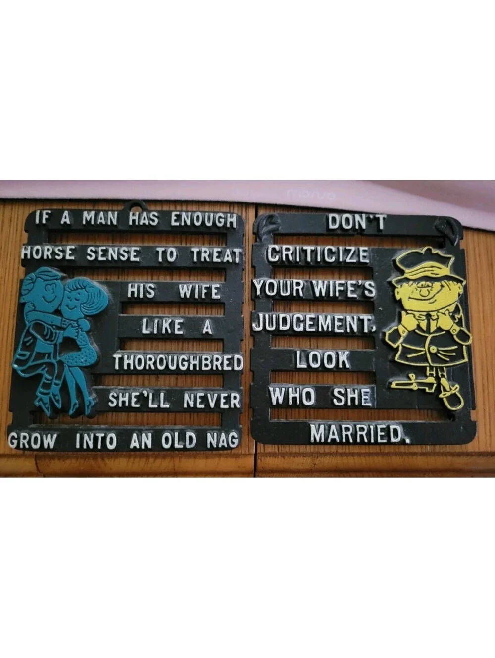 Vtg lot of 2 MCM Black Metal Kitchen Trivets Marriage Quotes Humor